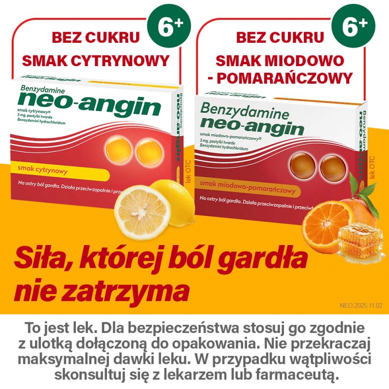Neo-Angin Benzydamine, 20 pastylek, smak miodowo-pomarańczowy