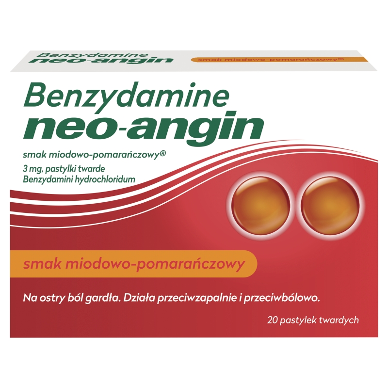 Neo-Angin Benzydamine 20 pastylek, smak miodowo-pomarańczowy