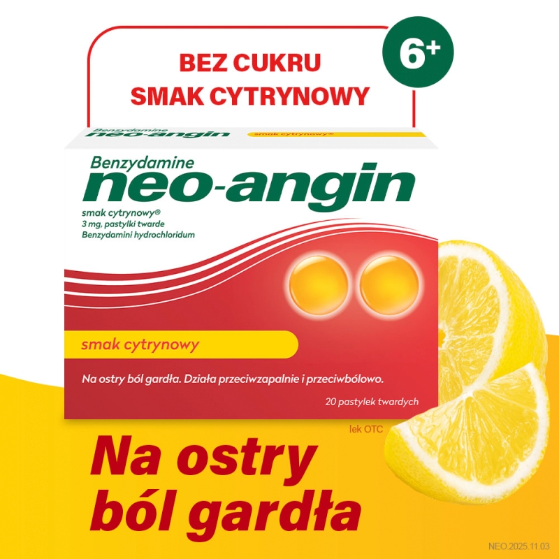 Benzydamine Neo-Angin, 20 pastylek do ssania, cytrynowe