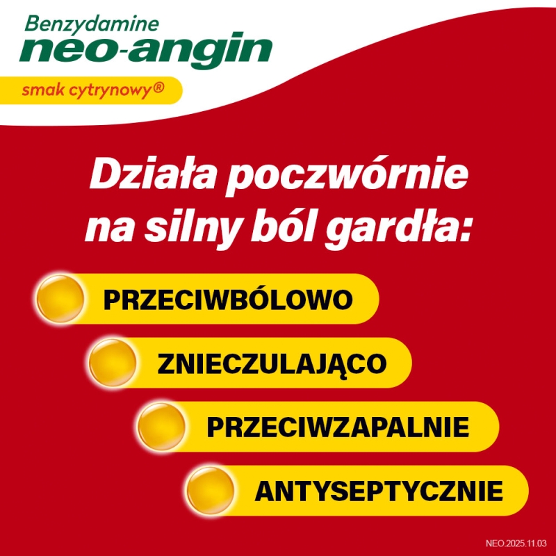 Benzydamine Neo-Angin, 20 pastylek do ssania, cytrynowe