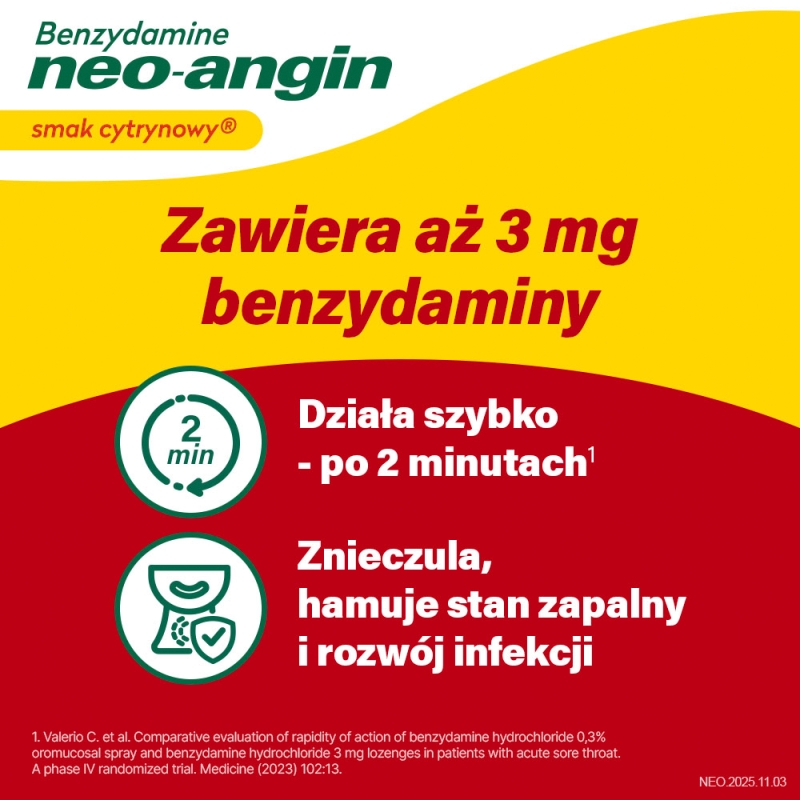 Benzydamine Neo-Angin, 20 pastylek do ssania, cytrynowe