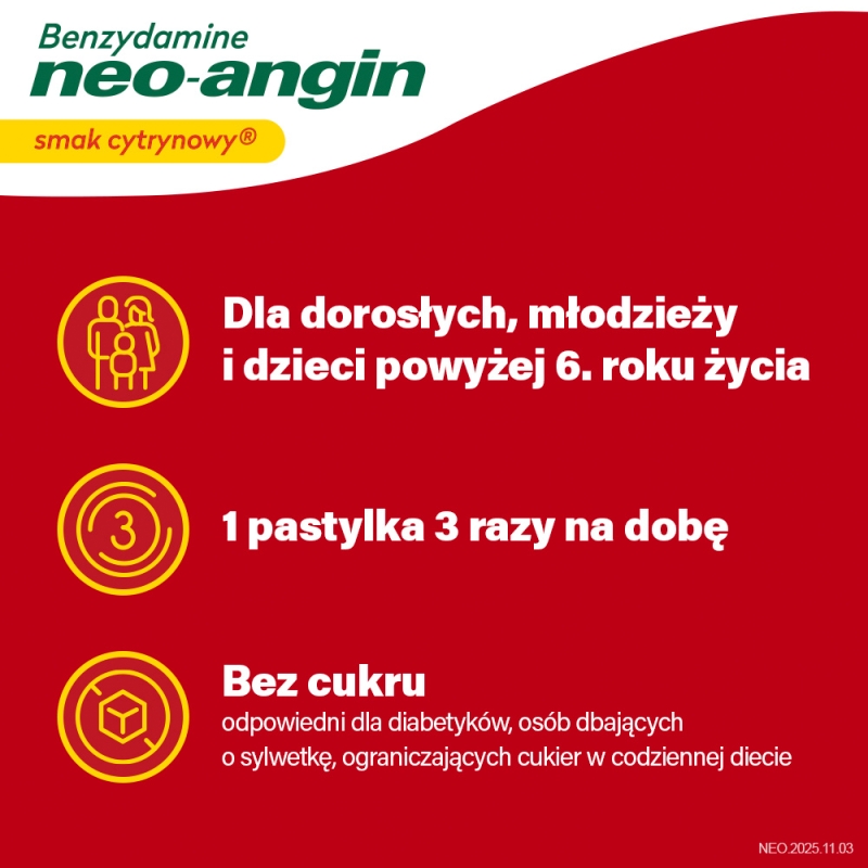 Benzydamine Neo-Angin, 20 pastylek do ssania, cytrynowe