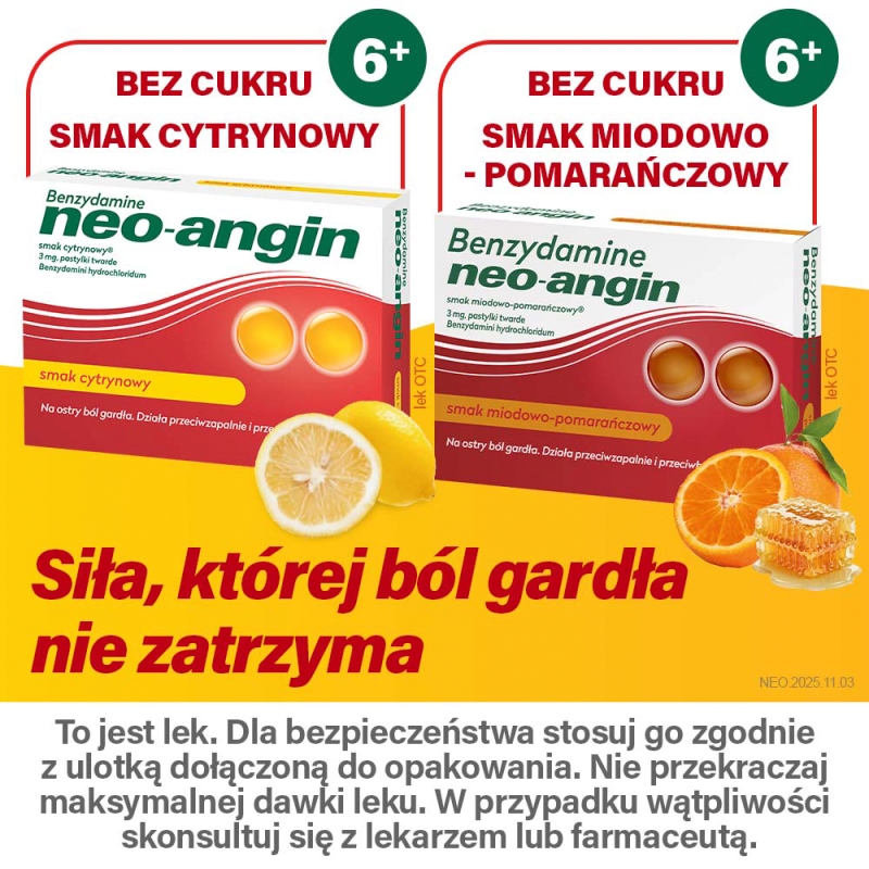 Benzydamine Neo-Angin, 20 pastylek do ssania, cytrynowe
