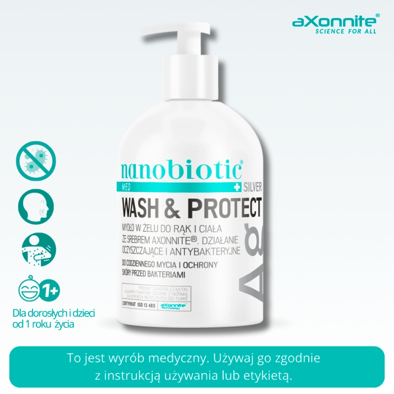Nanobiotic MED Silver Wash & Protect, mydło w żelu do rąk i ciała ze srebrem, 500 ml