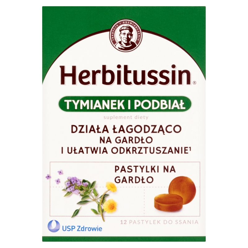 Herbitussin Tymianek i Podbiał pastylki do ssania na ból gardła, 12 szt.