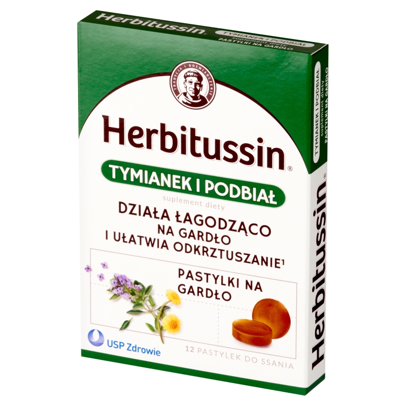 Herbitussin Tymianek i Podbiał, pastylki do ssania na ból gardła, 12 szt.