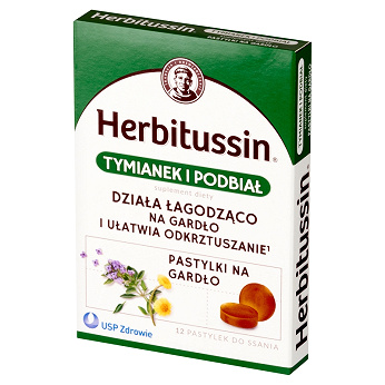 Herbitussin Tymianek i Podbiał, pastylki do ssania na ból gardła, 12 szt.