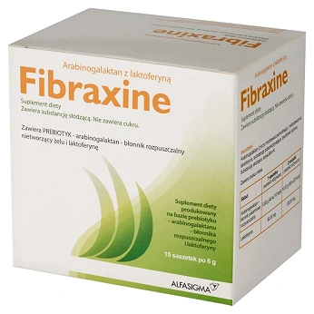 Fibraxine, proszek ze składnikami uzupełnieniającymi dietę w błonnik i laktoferynę, 15 sasz. x 6 g