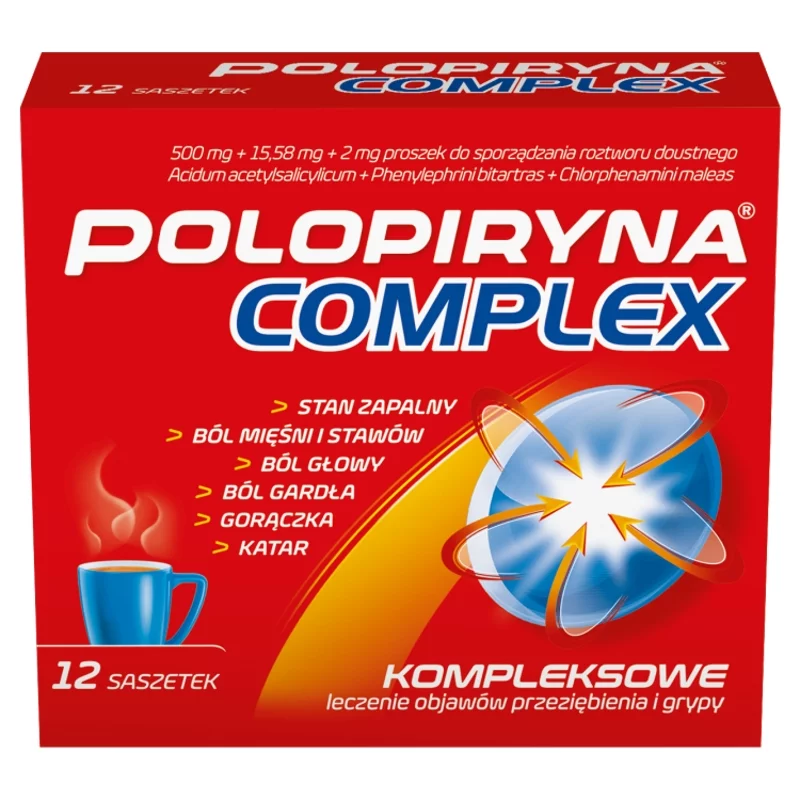 Polopiryna Complex 500 mg + 2 mg + 15,58 mg, proszek na leczenie objawów przeziębienia i grypy, 12 sasz.