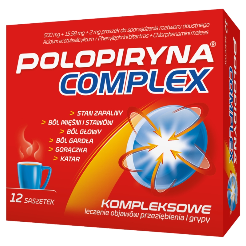 Polopiryna Complex 500 mg + 2 mg + 15,58 mg, proszek na leczenie objawów przeziębienia i grypy, 12 sasz.