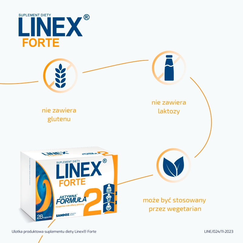 Linex Forte, kapsułki ze składnikami uzupełniającymi florę bakteryjną jelit, 14 szt.