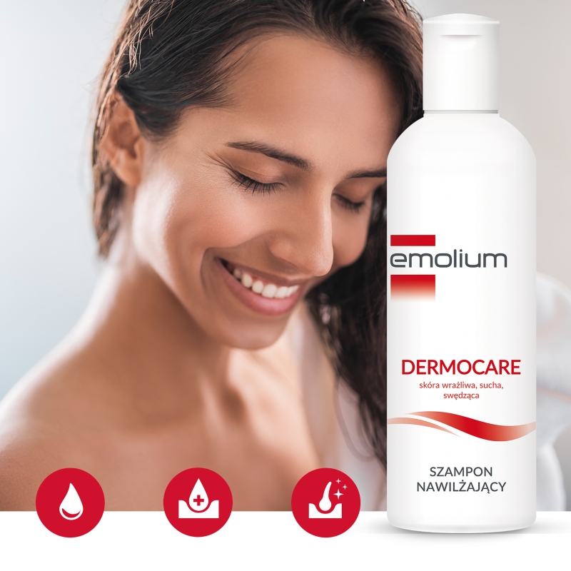 Emolium Dermocare, szampon nawilżający do skóry wrażliwej, suchej, skłonnej do alergii, 200 ml