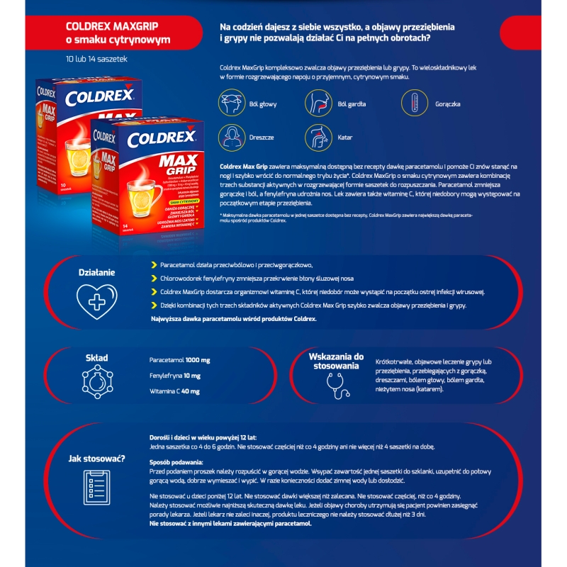 Coldrex MaxGrip, proszek na objawy przeziębienia i grypy o smaku cytrynowym, 14 sasz.