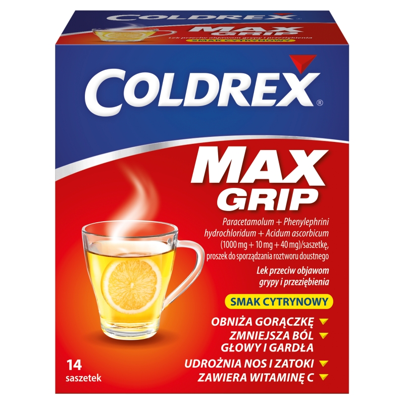 Coldrex MaxGrip proszek na objawy przeziębienia i grypy o smaku cytrynowym, 14 sasz.