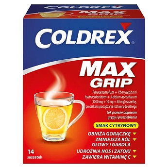 Coldrex MaxGrip, proszek na objawy przeziębienia i grypy o smaku cytrynowym, 14 sasz.