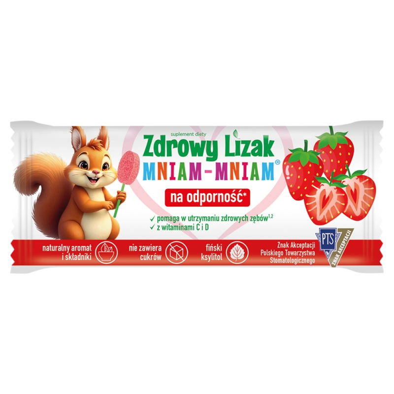 Zdrowy Lizak Mniam-Mniam , wzbogacony o witaminy D i C o smaku truskawkowym, 1 szt.
