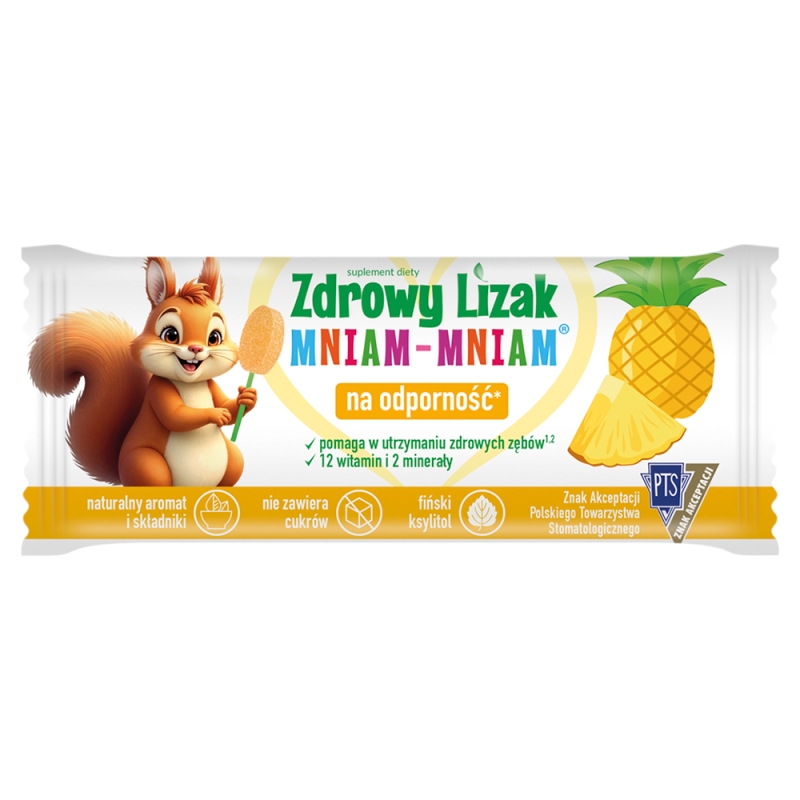 Zdrowy Lizak Mniam-Mniam , zawiera 12 witamin i 2 minerały dla dzieci, o smaku ananasowym, 1 szt.