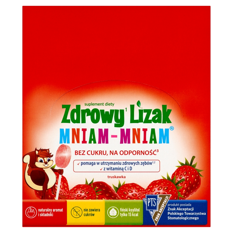 Zdrowy Lizak Mniam-Mniam wzbogacony o witaminy D i C o smaku truskawkowym, 40 szt.