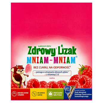 Zdrowy Lizak Mniam-Mniam, wzbogacony o witaminę C i D o smaku malinowym, 40 szt.