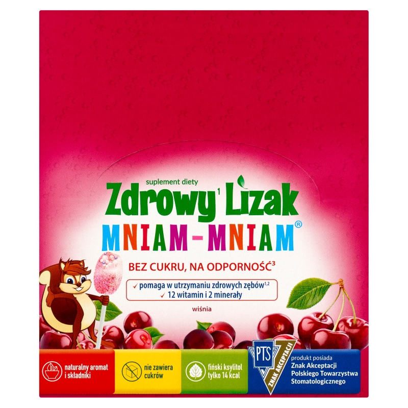 Zdrowy Lizak Mniam-Mniam zawiera 12 witamin i 2 minerały o smaku musującej wiśni, 40 szt.