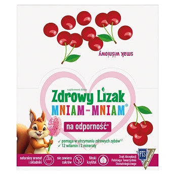 Zdrowy Lizak Mniam-Mniam, zawiera 12 witamin i 2 minerały o smaku musującej wiśni, 40 szt.