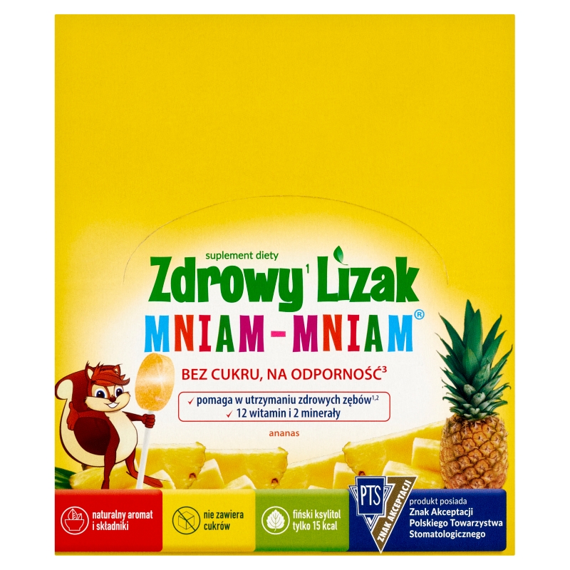 Zdrowy Lizak Mniam-Mniam zawiera 12 witamin i 2 minerały o smaku ananasowym, 40 szt.