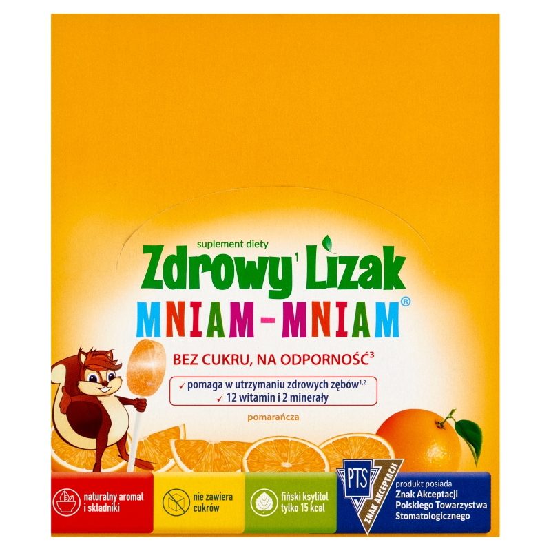 Zdrowy Lizak Mniam-Mniam zawiera 12 witamin i 2 minerały o smaku pamarańczy, 40 szt.