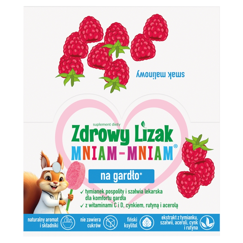 Zdrowy Lizak Mniam-Mniam Na Gardło  zawiera wyciąg z tymianku, szałwii, aceroli, witaminę C i D oraz cynk i rutynę o smaku malinowym, 40 szt.