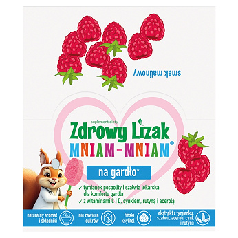 Zdrowy Lizak Mniam-Mniam Na Gardło , zawiera wyciąg z tymianku, szałwii, aceroli, witaminę C i D oraz cynk i rutynę o smaku malinowym, 40 szt.