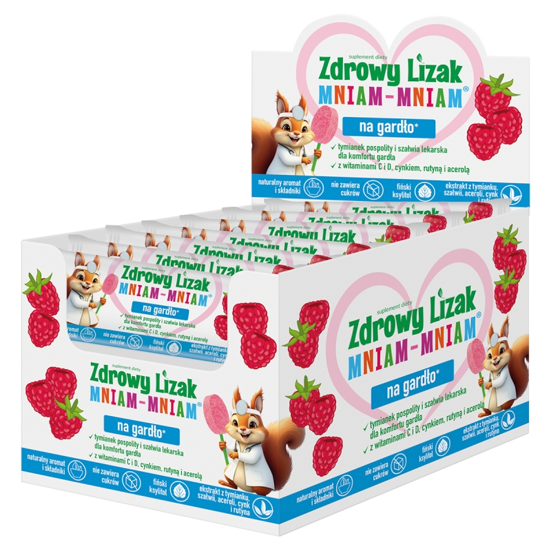 Zdrowy Lizak Mniam-Mniam Na Gardło , zawiera wyciąg z tymianku, szałwii, aceroli, witaminę C i D oraz cynk i rutynę o smaku malinowym, 40 szt.