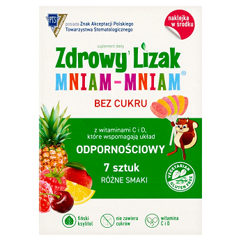 Zdrowy Lizak Mniam-Mniam, wzbogacony o witaminę C i D o różnych smakach, 7 sztuk