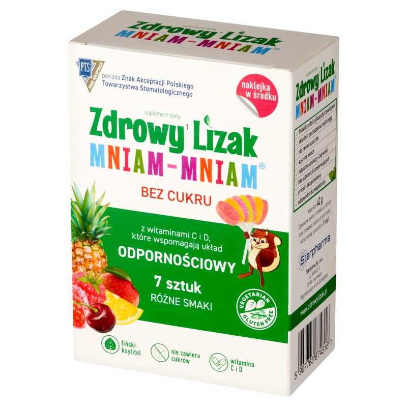 Zdrowy Lizak Mniam-Mniam, wzbogacony o witaminę C i D o różnych smakach, 7 sztuk