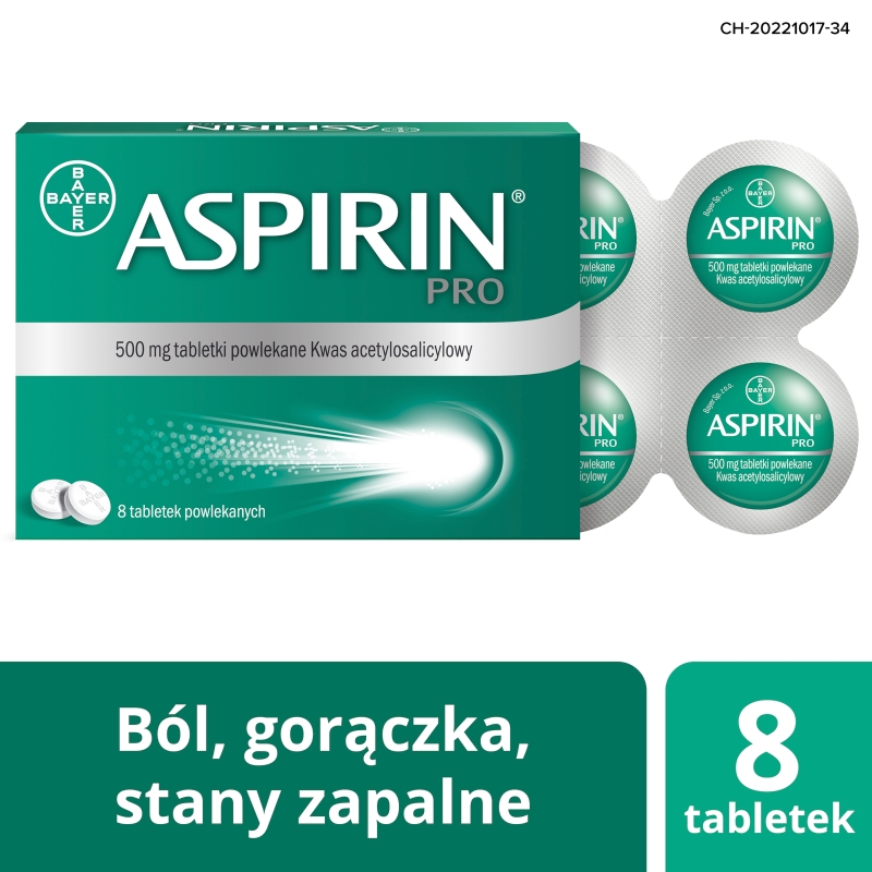 Aspirin Pro  , tabletki o działaniu przeciwgorączkowym i przeciwbólowym, 500 mg, 8 szt.