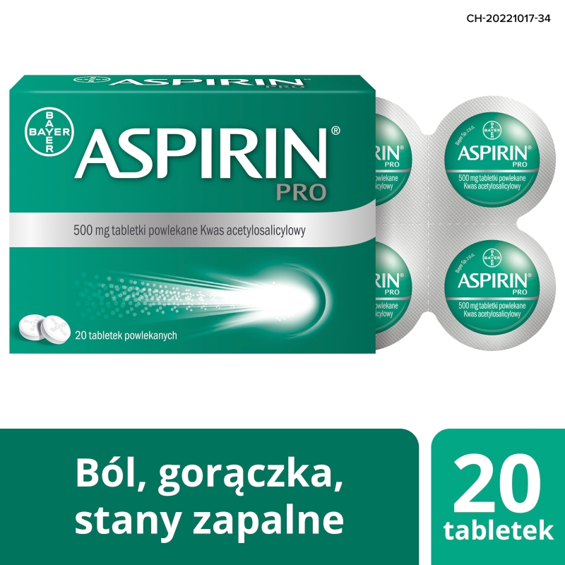 Aspirin pro, tabletki o działaniu przeciwgorączkowym i przeciwbólowym, 500 mg, 20 szt.