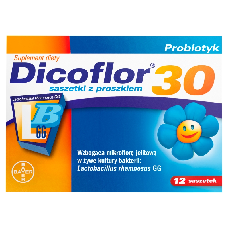 Dicoflor 30, proszek probiotyczny ze składnikami wzbogacającymi mikroflorę jelitową, 12 sasz. x 2 g