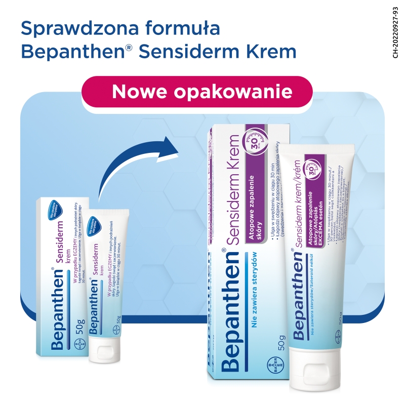 Bepanthen Sensiderm, krem łagodzący zaczerwienienie i swędzenie przy atopowym zapaleniu skóry i egzemie, tuba 50 g