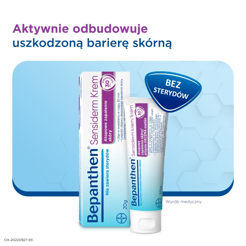 Bepanthen Sensiderm Krem, krem łagodzący zaczerwienienie i swędzenie przy atopowym zapaleniu skóry i egzemie, tuba 20 g