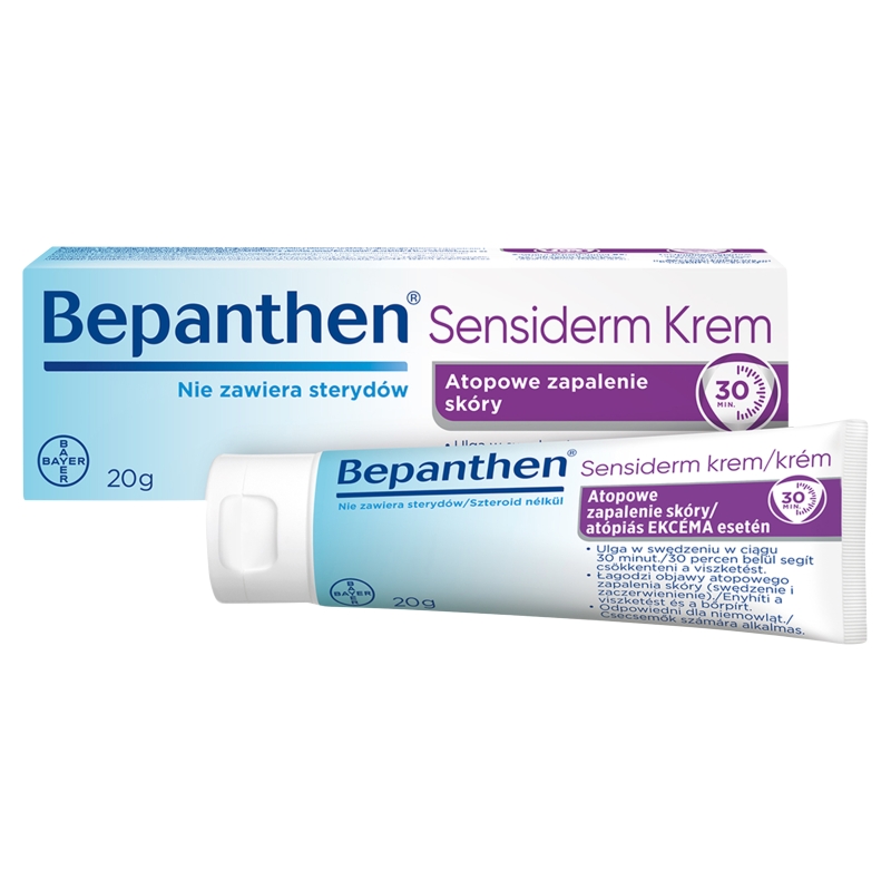 Bepanthen Sensiderm Krem, krem łagodzący zaczerwienienie i swędzenie przy atopowym zapaleniu skóry i egzemie, tuba 20 g