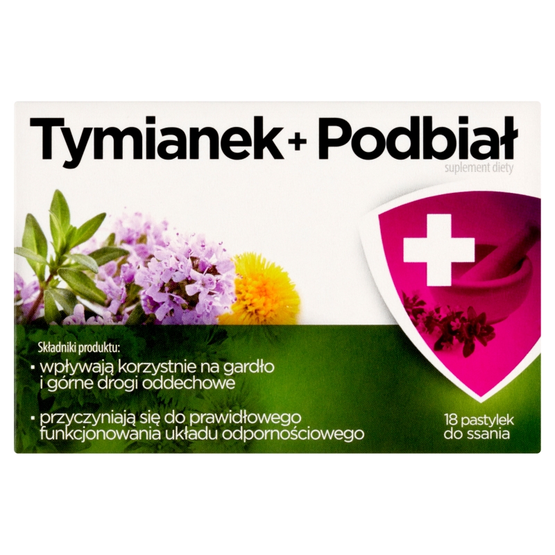 Tymianek + Podbiał  pastylki do ssania ze składnikami wspierającymi gardło i drogi oddechowe, 18 szt.