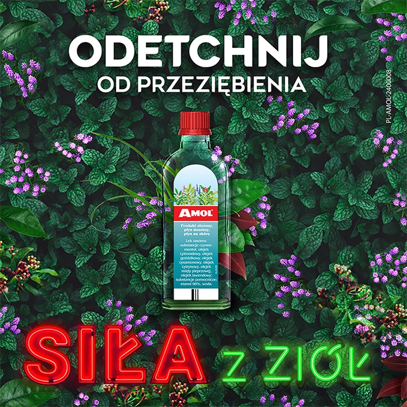 Amol, płyn ziołowy na wzdęcia i niestrawność oraz na skórę w przeziębieniach, bólach głowy i mięśni, butelka 100 ml