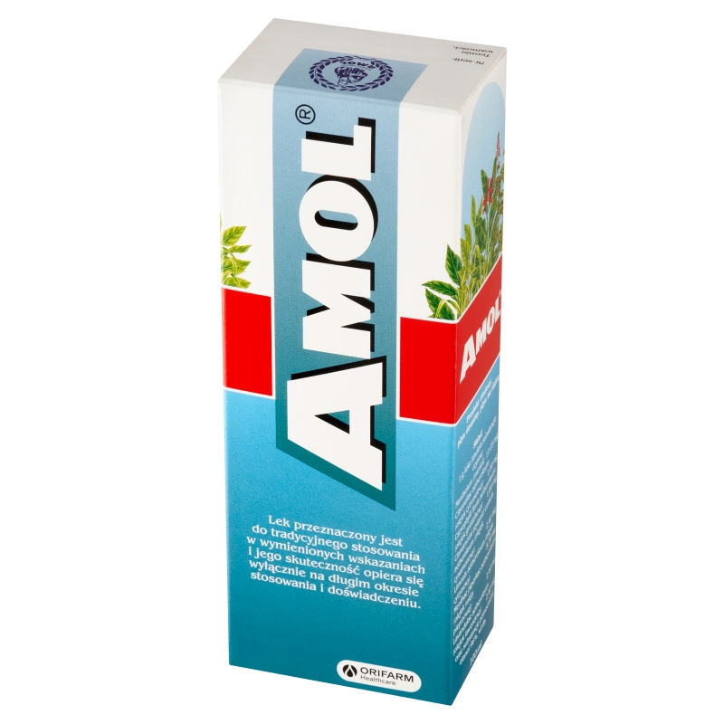 Amol, płyn ziołowy na wzdęcia i niestrawność oraz na skórę w przeziębieniach, bólach głowy i mięśni, butelka 100 ml