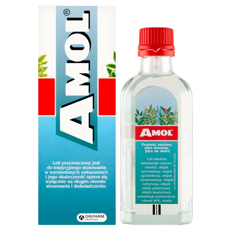 Amol, płyn ziołowy na wzdęcia i niestrawność oraz na skórę w przeziębieniach, bólach głowy i mięśni, butelka 100 ml