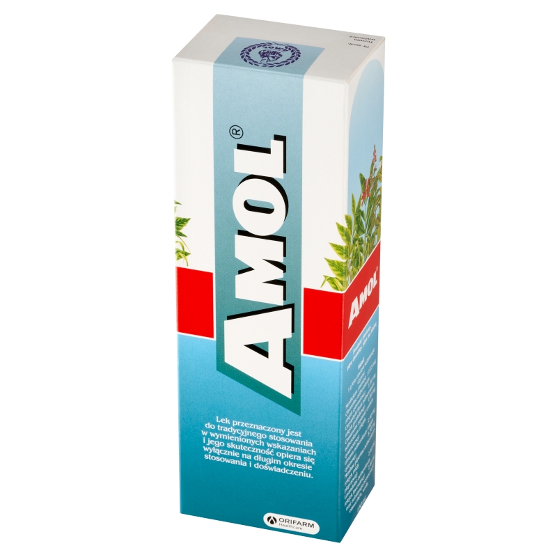 Amol, płyn ziołowy na wzdęcia i niestrawność oraz na skórę w przeziębieniach, bólach głowy i mięśni, butelka 150 ml