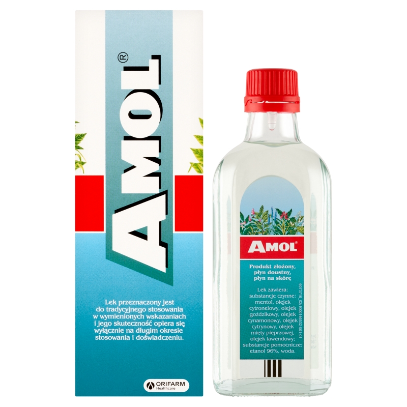 Amol, płyn ziołowy na wzdęcia i niestrawność oraz na skórę w przeziębieniach, bólach głowy i mięśni, butelka 150 ml