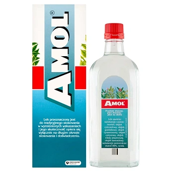 Amol, płyn ziołowy na wzdęcia i niestrawność oraz na skórę w przeziębieniach, bólach głowy i mięśni, butelka 250 ml