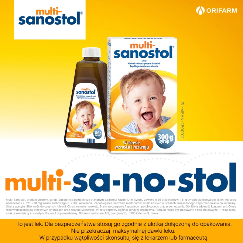 Multi-Sanostol, syrop wielowitaminowy z wapniem dla dzieci, 300 g