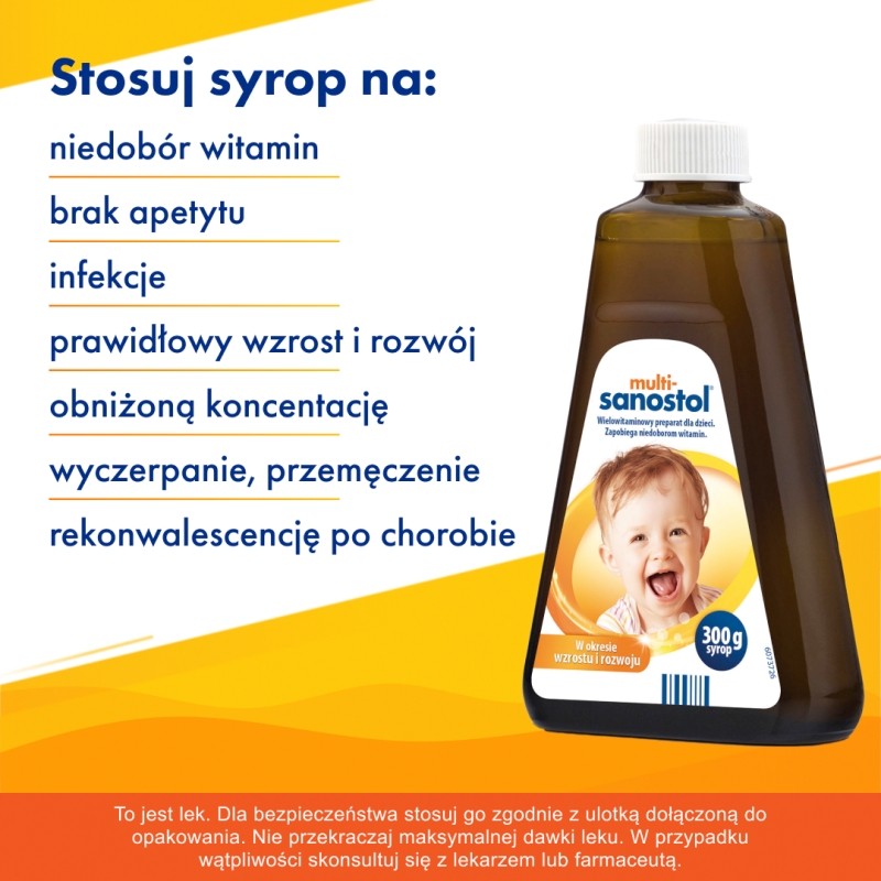 Multi-Sanostol, syrop wielowitaminowy z wapniem dla dzieci, 300 g