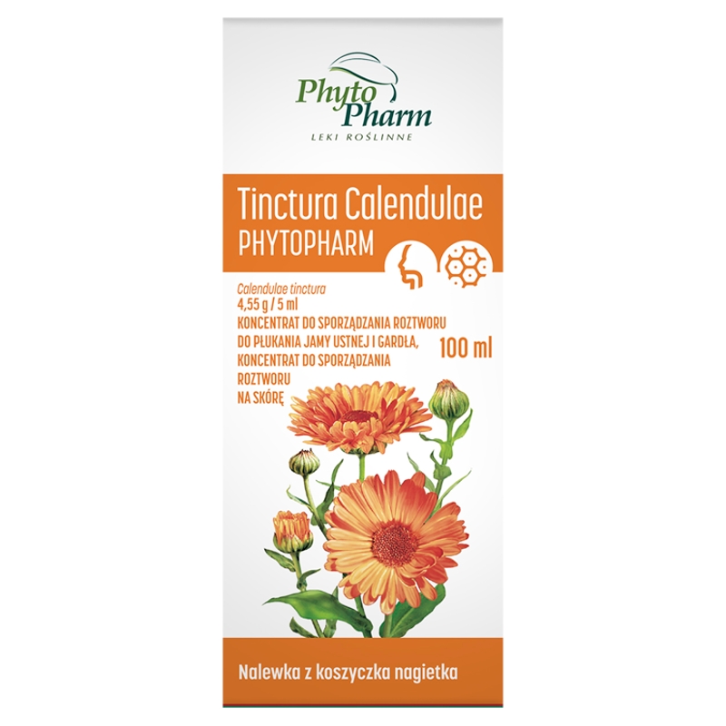 Tinctura Calendulae Phytopharm , preparat na łagodny stany zapalne skór i gardła, 100 ml