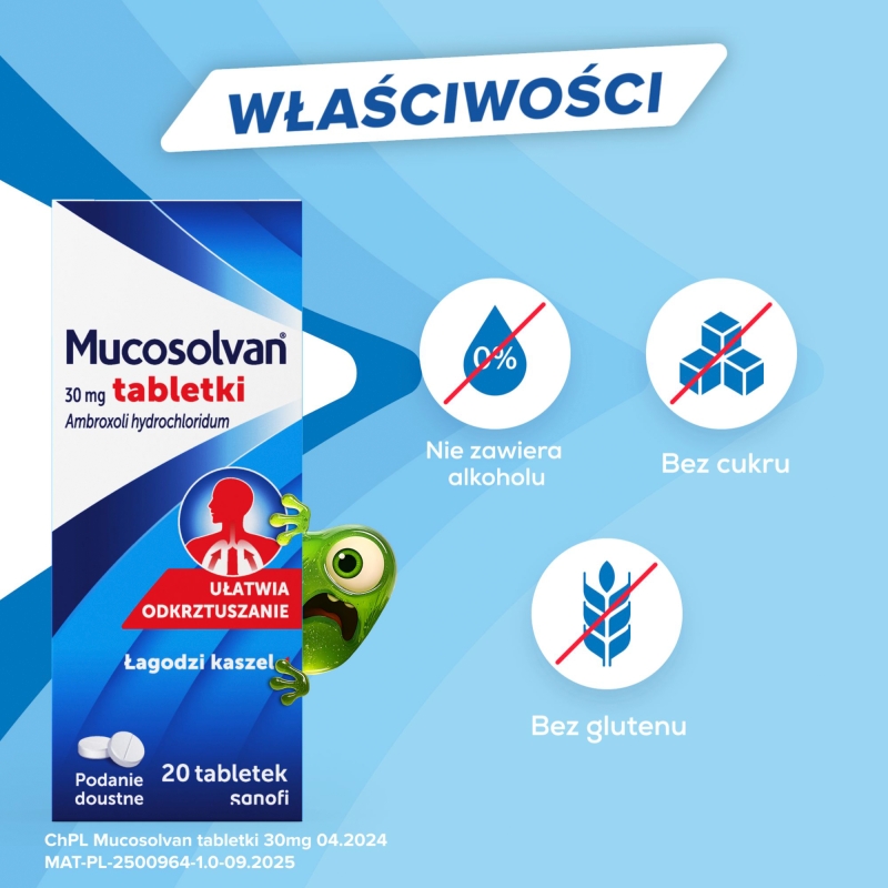 Mucosolvan, tabletki odkrztuszające, rozrzedzające wydzielinę, 20 szt.