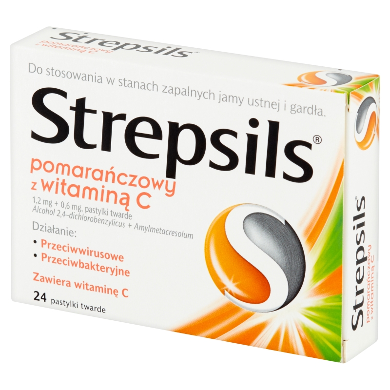 Strepsils, pastylki twarde na stany zapalne jamy ustnej i gardła pomarańczowe z witaminą C, 24 szt.
